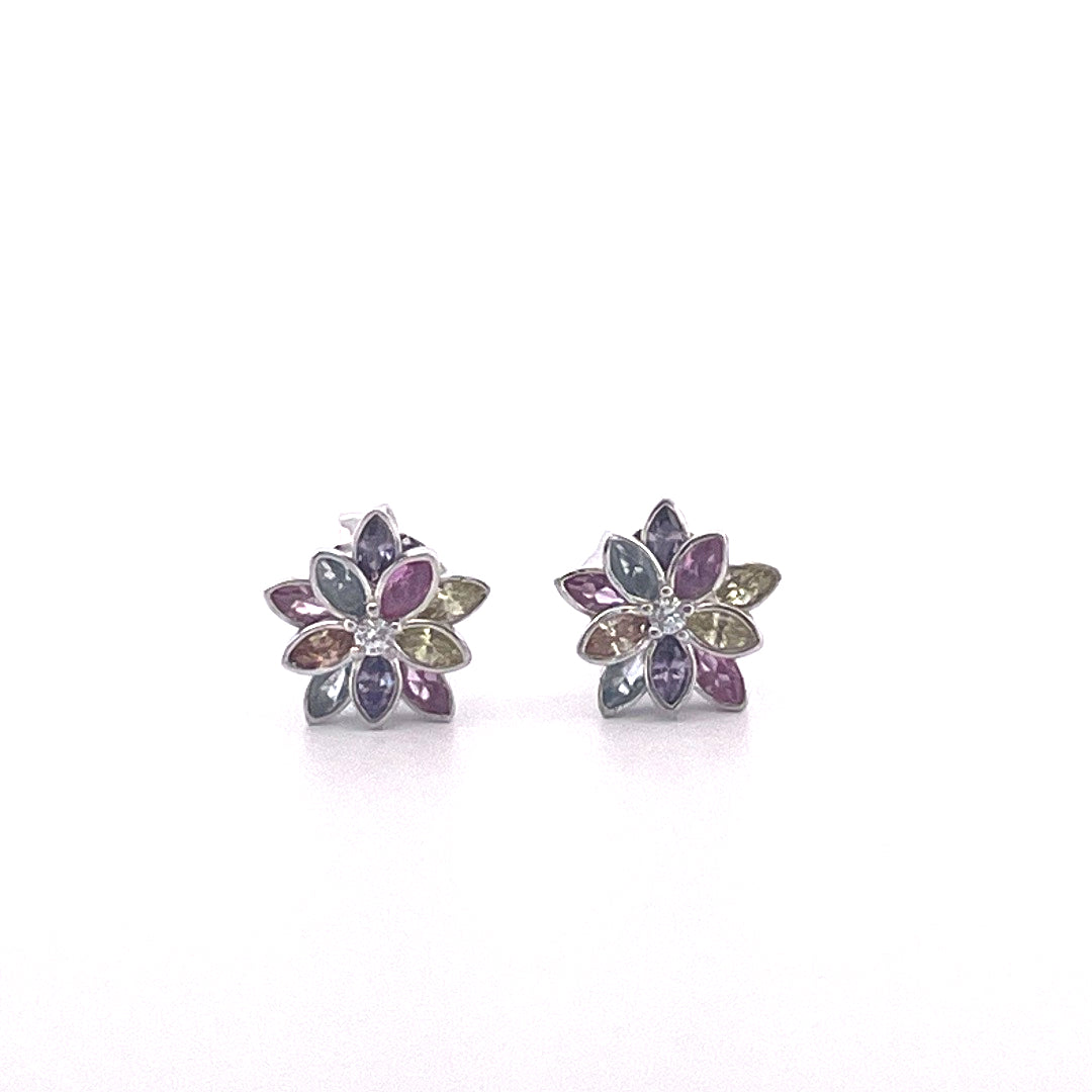 E4004 Silver multi colour flower cluster studs