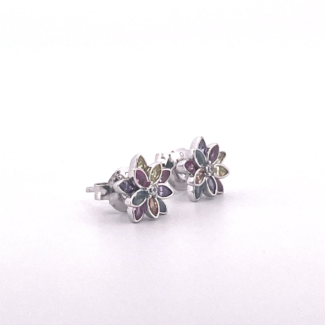 E4004 Silver multi colour flower cluster studs